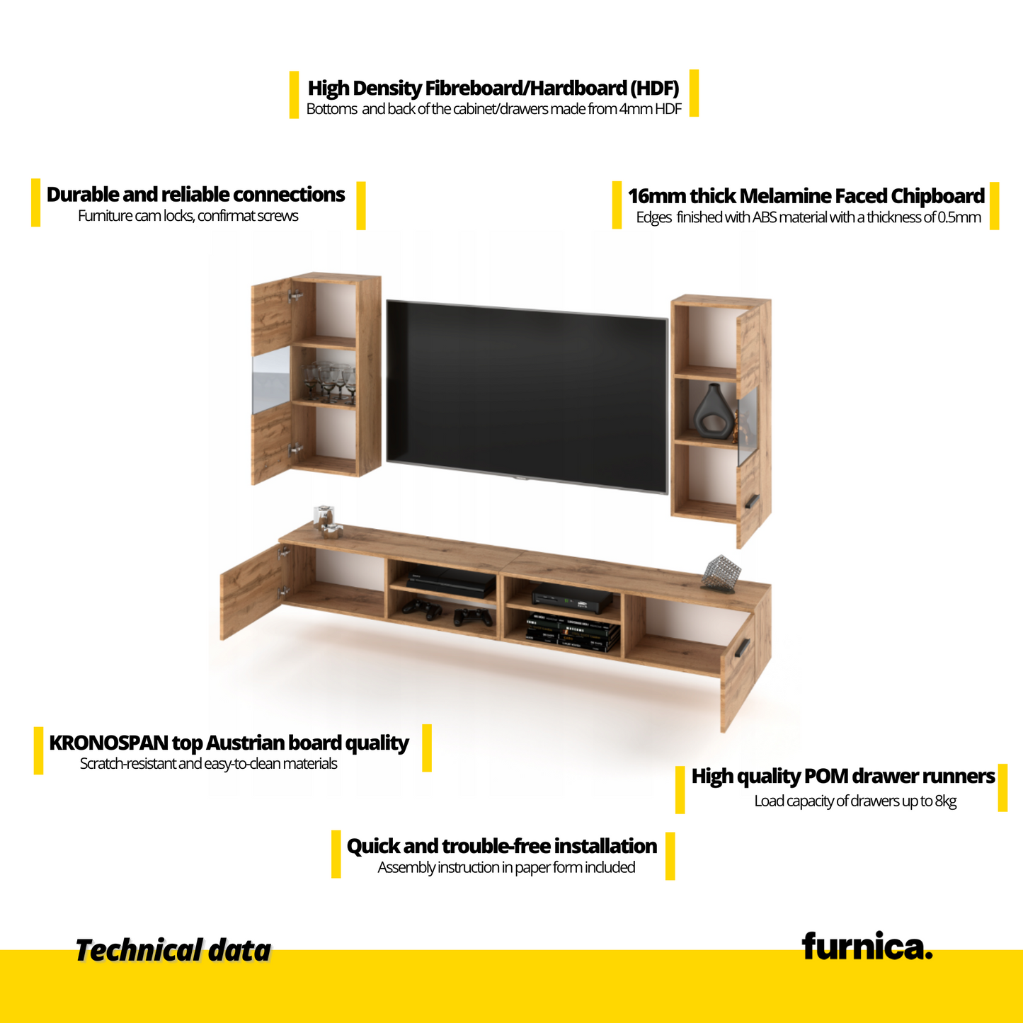 MIRANDA - Meuble TV Suspendu - 4 Armoires - Blanc Matt / Noir Brillant