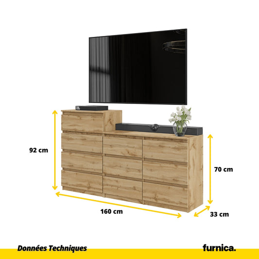 GABRIEL - Commode 10 Tiroirs (6+4) - H92/70 cm L160 cm P33 cm (Chêne Wotan)