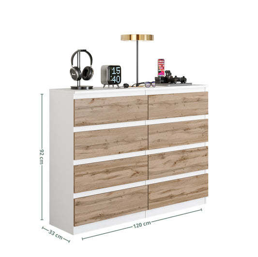 GABRIEL - Commode 8 Tiroirs - Buffet de Chevet - H92 cm L120 cm P33 cm (Blanc / Chêne Wotan)