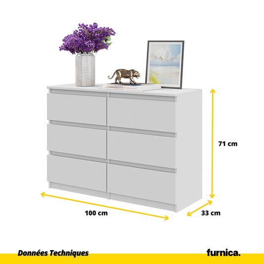 GABRIEL - Commode 6 Tiroirs - Buffet de Chevet - H71 cm L100 cm P33 cm (Blanc)