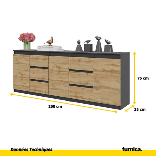 MIKEL - Commode 6 Tiroirs et 3 Portes - Armoire de Rangement pour Couloir / Chambre à Coucher - Buffet - Anthracite / Chêne Wotan H75cm L200cm P35cm