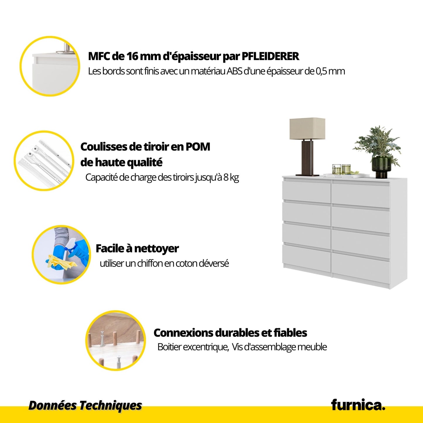 GABRIEL - Commode 8 Tiroirs - Buffet de Chevet - H92 cm L120 cm P33 cm (Blanc Brillant)