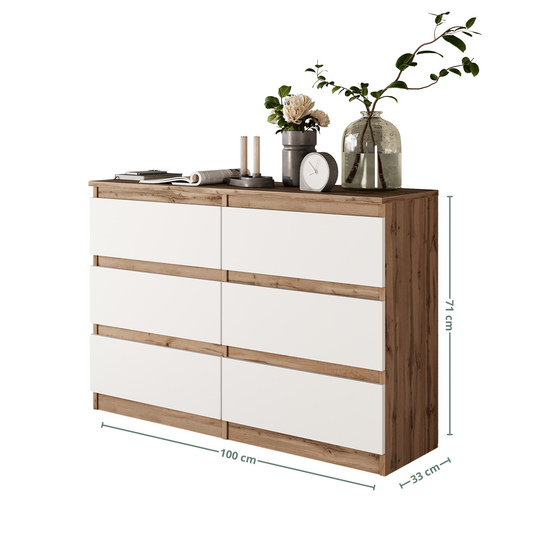 GABRIEL - Commode 6 Tiroirs - Buffet de Chevet - H71 cm L100 cm P33 cm (Chêne Wotan / Blanc Matt)