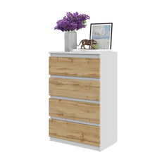 GABRIEL - Commode 4 Tiroirs - Table de Chevet Buffet - H92cm L60cm P33cm (Blanc / Chêne Wotan)