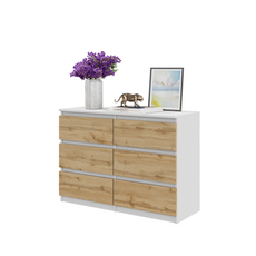 GABRIEL - Commode 6 Tiroirs - Buffet de Chevet - H71 cm L100 cm P33 cm (Blanc Matt / Chêne Wotan)