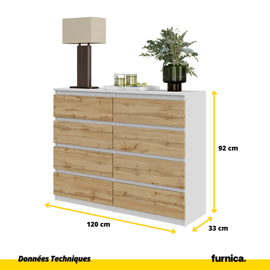 GABRIEL - Commode 8 Tiroirs - Buffet de Chevet - H92 cm L120 cm P33 cm (Blanc / Chêne Wotan)