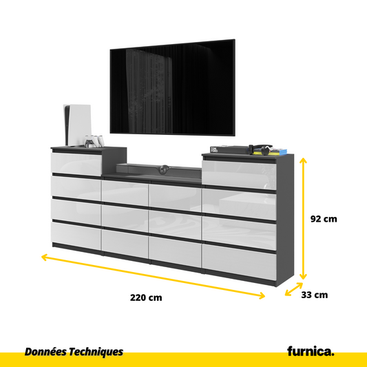GABRIEL - Commode 14 Tiroirs (4+6+4) - H92cm L220cm P33cm (Anthracite / Blanc Brillant)