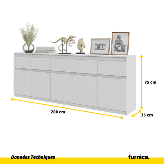 NOAH - Commode 5 Tiroirs et 5 Portes - Armoire de Rangement pour Couloir / Chambre à Coucher - Buffet - Blanc Matt H75cm L200cm P35cm