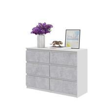 GABRIEL - Commode 6 Tiroirs - Buffet de Chevet - H71 cm L100 cm P33 cm (Blanc Matt / Béton)