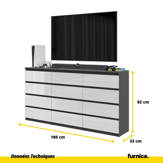 GABRIEL - Commode 12 Tiroirs (8+4) - H92cm L180cm P33cm (Anthracite / Blanc Brillant)
