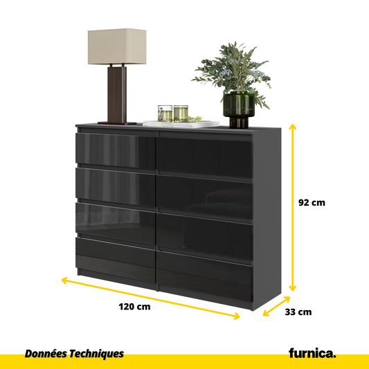 GABRIEL - Commode 8 Tiroirs - Buffet de Chevet - H92 cm L120 cm P33 cm (Anthracite / Noir Brillant)