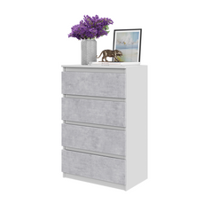 GABRIEL - Commode 4 Tiroirs - Table de Chevet Buffet - H92cm L60cm P33cm (Blanc Matt / Béton)