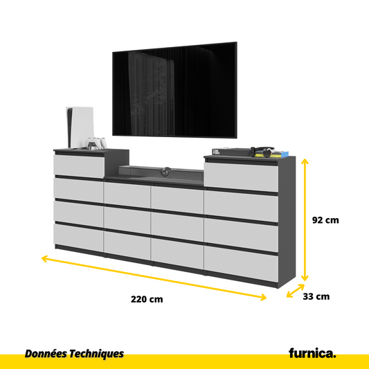 GABRIEL - Commode 14 Tiroirs (4+6+4) - H92cm L220cm P33cm (Anthracite / Blanc Matt)
