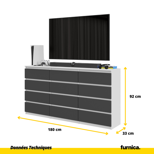 GABRIEL - Commode 12 Tiroirs (8+4) - H92cm L180cm P33cm (Blanc Matt / Anthracite)