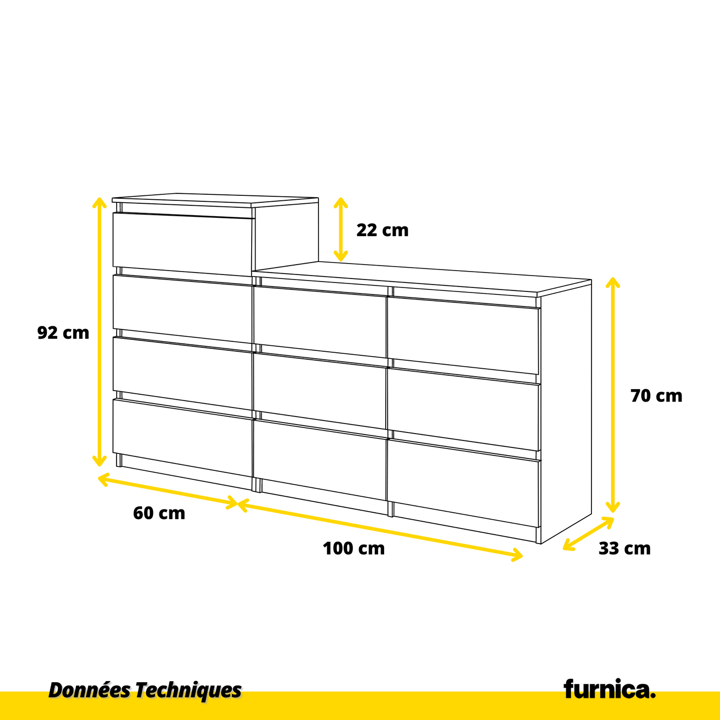 GABRIEL - Commode 10 Tiroirs (6+4) - H92/70 cm L160 cm P33 cm (Blanc / Noir Brillant)
