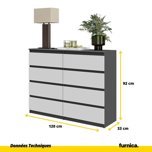 GABRIEL - Commode 8 Tiroirs - Buffet de Chevet - H92 cm L120 cm P33 cm (Anthracite / Blanc Matt)