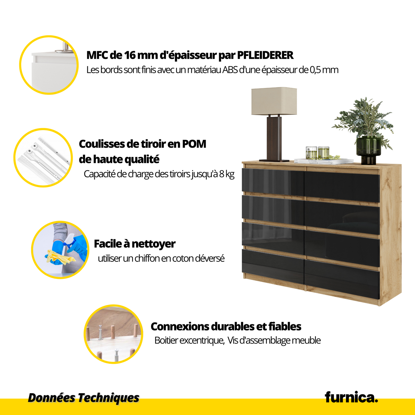 GABRIEL - Commode 8 Tiroirs - Buffet de Chevet - H92 cm L120 cm P33 cm (Chêne Wotan / Noir Brillant)