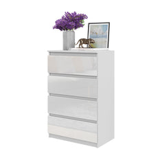 GABRIEL - Commode 4 Tiroirs - Table de Chevet Buffet - H92cm L60cm P33cm (Blanc Matt / Blanc Brillant)
