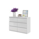 GABRIEL - Commode 6 Tiroirs - Buffet de Chevet - H71 cm L100 cm P33 cm (Blanc Matt / Blanc Brillant)