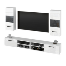 MIRANDA - Meuble TV Suspendu - 4 Armoires - Blanc Matt / Blanc Brillant
