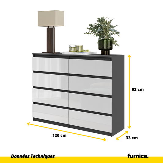 GABRIEL - Commode 8 Tiroirs - Buffet de Chevet - H92 cm L120 cm P33 cm (Anthracite / Blanc Brillant)