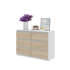 GABRIEL - Commode 6 Tiroirs - Buffet de Chevet - H71 cm L100 cm P33 cm (Blanc Matt / Chêne Sonoma)