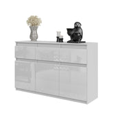 NOAH - Commode 3 Tiroirs et 3 Portes - Meuble de Rangement pour Couloir/Chambre - Buffet - H75cm L120cm P35cm (Blanc Matt/Blanc Brillant)