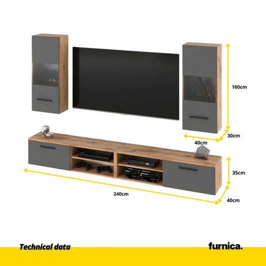 MIRANDA - Meuble TV Suspendu - 4 Armoires - Chêne Wotan / Gris Anthracite