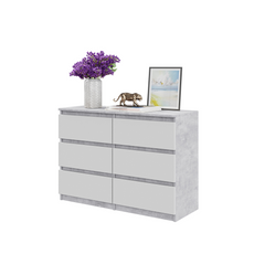 GABRIEL - Commode 6 Tiroirs - Buffet de Chevet - H71 cm L100 cm P33 cm (Béton / Blanc Matt)