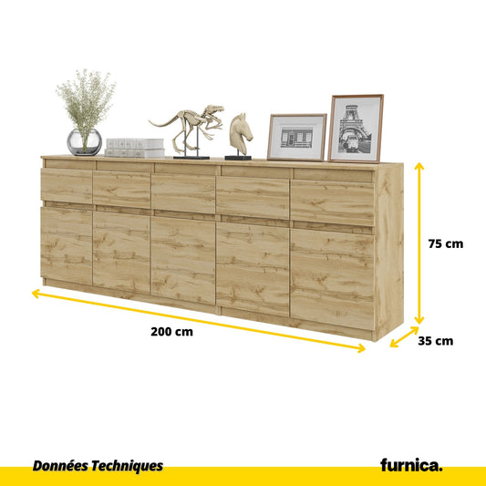 NOAH - Commode 5 Tiroirs et 5 Portes - Armoire de Rangement pour Couloir / Chambre à Coucher - Buffet - Chêne Wotan H75cm L200cm P35cm