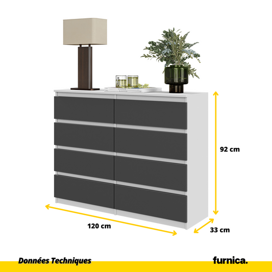 GABRIEL - Commode 8 Tiroirs - Buffet de Chevet - H92 cm L120 cm P33 cm (Blanc Matt / Anthracite)