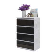 GABRIEL - Commode 4 Tiroirs - Table de Chevet Buffet - H92cm L60cm P33cm (Béton / Noir Brillant)