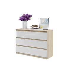 GABRIEL - Commode 6 Tiroirs - Buffet de Chevet - H71 cm L100 cm P33 cm (Chêne Sonoma / Blanc Brillant)