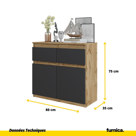 NOAH - Commode 2 Tiroirs et 2 Portes - Meuble de Rangement pour Couloir/Chambre - Buffet - H75cm L80cm P35cm (Chêne Wotan/Anthracite)