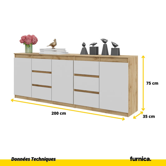 MIKEL - Commode 6 Tiroirs et 3 Portes - Armoire de Rangement pour Couloir / Chambre à Coucher - Buffet - Chêne Wotan / Blanc Matt H75cm L200cm P35cm