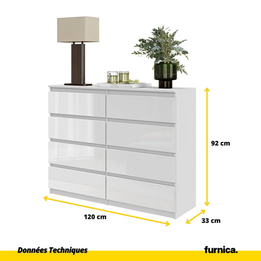 GABRIEL - Commode 8 Tiroirs - Buffet de Chevet - H92 cm L120 cm P33 cm (Blanc Brillant)
