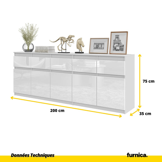 NOAH - Commode 5 Tiroirs et 5 Portes - Armoire de Rangement pour Couloir / Chambre à Coucher - Buffet - Blanc Matt / Blanc Brillant H75cm L200cm P35cm
