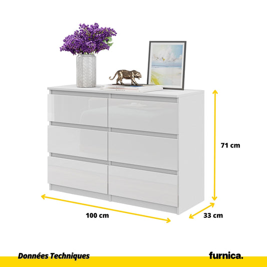 GABRIEL - Commode 6 Tiroirs - Buffet de Chevet - H71 cm L100 cm P33 cm (Blanc Matt / Blanc Brillant)