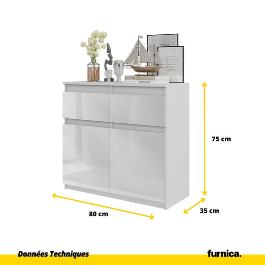 NOAH - Commode 2 Tiroirs et 2 Portes - Meuble de Rangement pour Couloir/Chambre - Buffet - H75cm L80cm P35cm (Blanc Matt/Blanc Brillant)