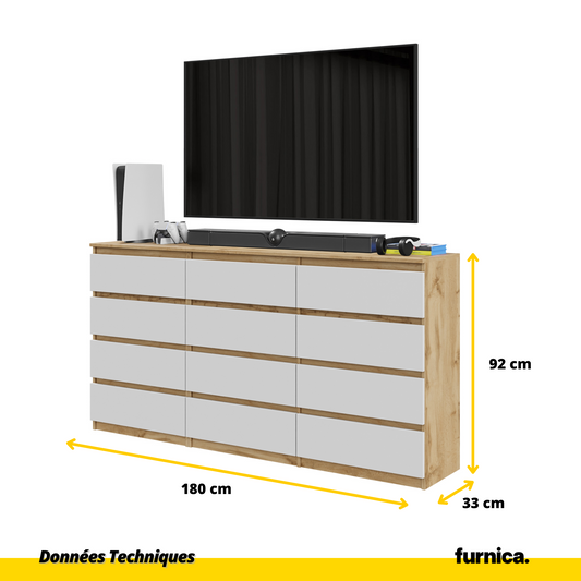 GABRIEL - Commode 12 Tiroirs (8+4) - H92cm L180cm P33cm (Chêne Wotan / Blanc Matt)