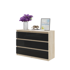 GABRIEL - Commode 6 Tiroirs - Buffet de Chevet - H71 cm L100 cm P33 cm (Chêne Sonoma / Noir Brillant)