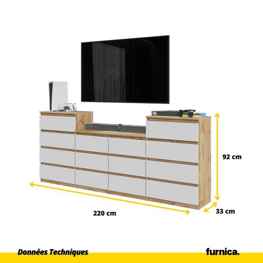 GABRIEL - Commode 14 Tiroirs (4+6+4) - H92cm L220cm P33cm (Chêne Wotan / Blanc Matt)