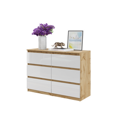 GABRIEL - Commode 6 Tiroirs - Buffet de Chevet - H71 cm L100 cm P33 cm (Chêne Wotan / Blanc Brillant)