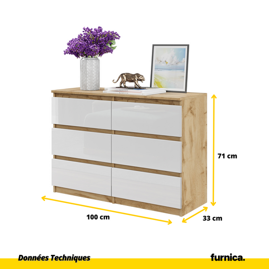 GABRIEL - Commode 6 Tiroirs - Buffet de Chevet - H71 cm L100 cm P33 cm (Chêne Wotan / Blanc Brillant)