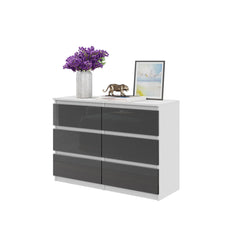 GABRIEL - Commode 6 Tiroirs - Buffet de Chevet - H71 cm L100 cm P33 cm (Blanc / Anthracite Brillant)
