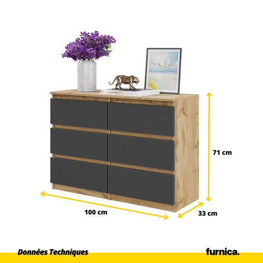 GABRIEL - Commode 6 Tiroirs - Buffet de Chevet - H71 cm L100 cm P33 cm (Chêne Wotan / Anthracite)