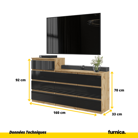 GABRIEL - Commode 10 Tiroirs (6+4) - H92/70 cm L160 cm P33 cm (Chêne Wotan / Noir Brillant)