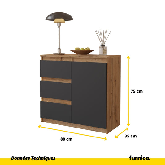 MIKEL - Commode 3 Tiroirs et 1 Porte - Armoire de Rangement pour Couloir / Chambre à Coucher - Buffet - H75cm L80cm P35cm (Chêne Wotan / Anthracite)