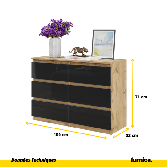 GABRIEL - Commode 6 Tiroirs - Buffet de Chevet - H71 cm L100 cm P33 cm (Chêne Wotan / Noir Brillant)