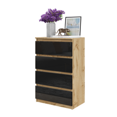 GABRIEL - Commode 4 Tiroirs - Table de Chevet Buffet - H92cm L60cm P33cm (Chêne Wotan / Noir Brillant)